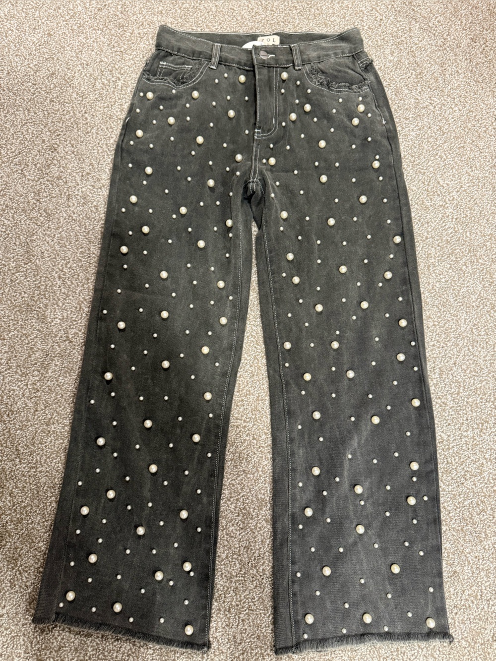POL Smoky Grey Pearl-Studded Wide-Leg Jeans